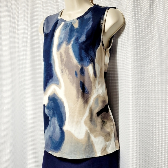 MarlaWynne Abstract Swirled Blue Tan & White Sleeveless Top Women's (XS) - Picture 2 of 7